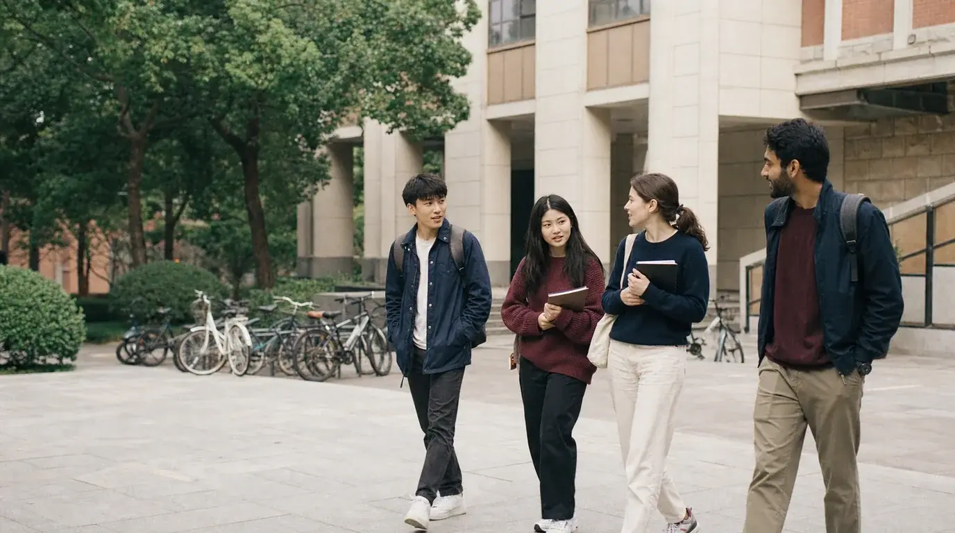 Students walking through a Chinese university campus